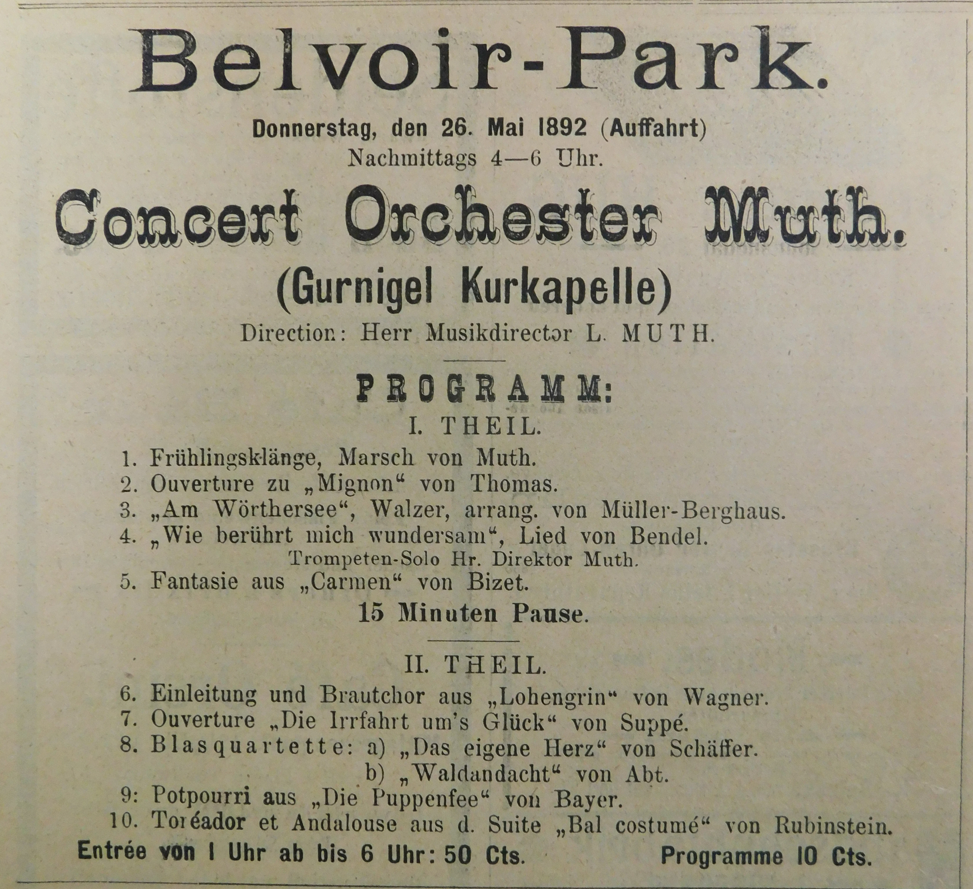 Inserat für das Saison- und Pavilloneröffnungskonzert Zürcher Theater- und Concert-Blatt (25. Mai 1892)