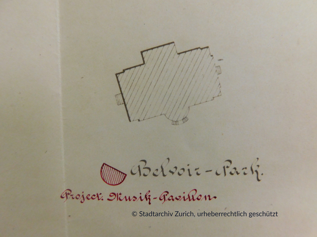 Der Standort des Musikpavillons gegenüber der Villa Belvoir. Gezeichnet von Jul. Fehr (1892)