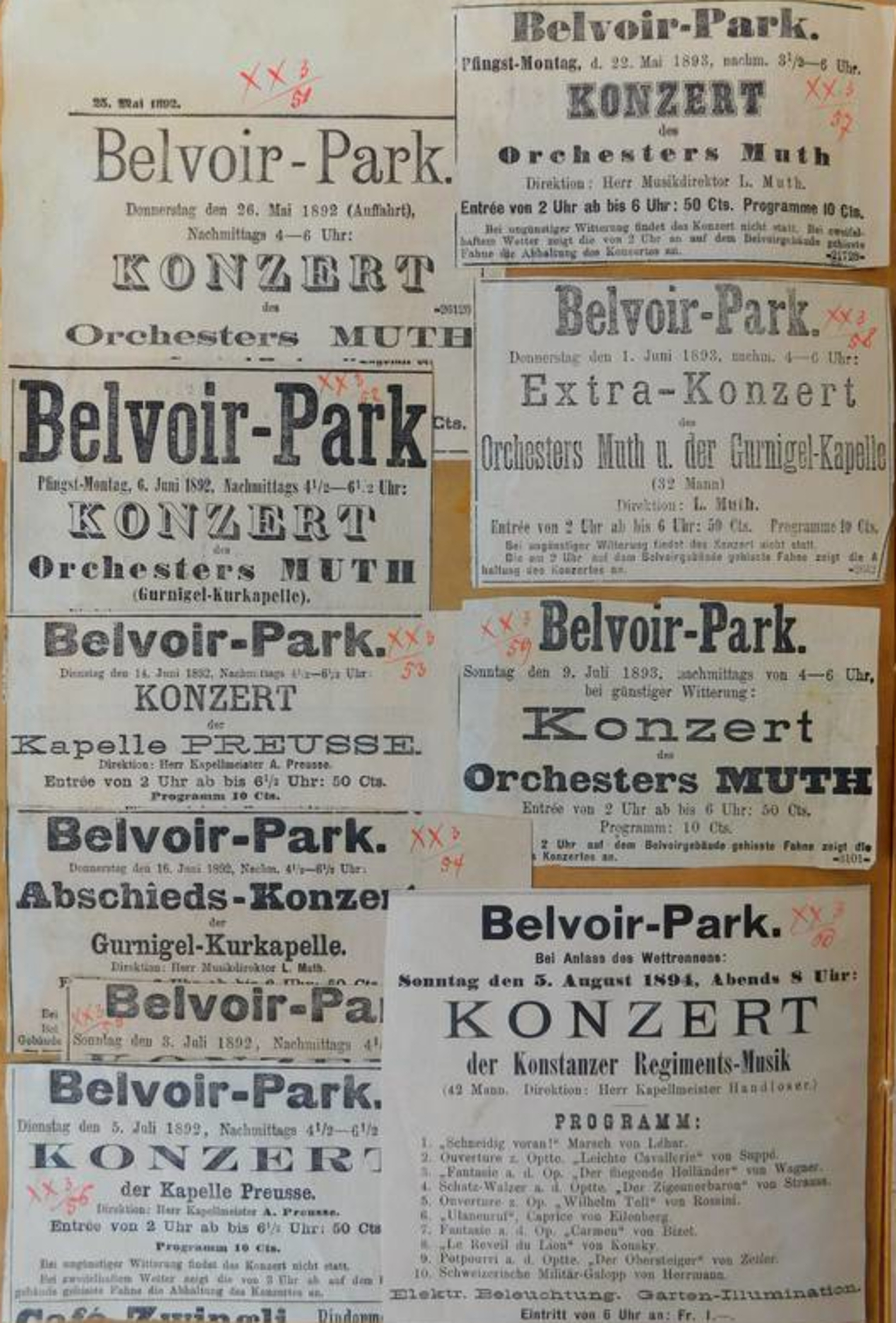 Konzert Collage aus verschiedenen Zürcher Theater- und Concert-Blatt Inseraten (1892–1894)