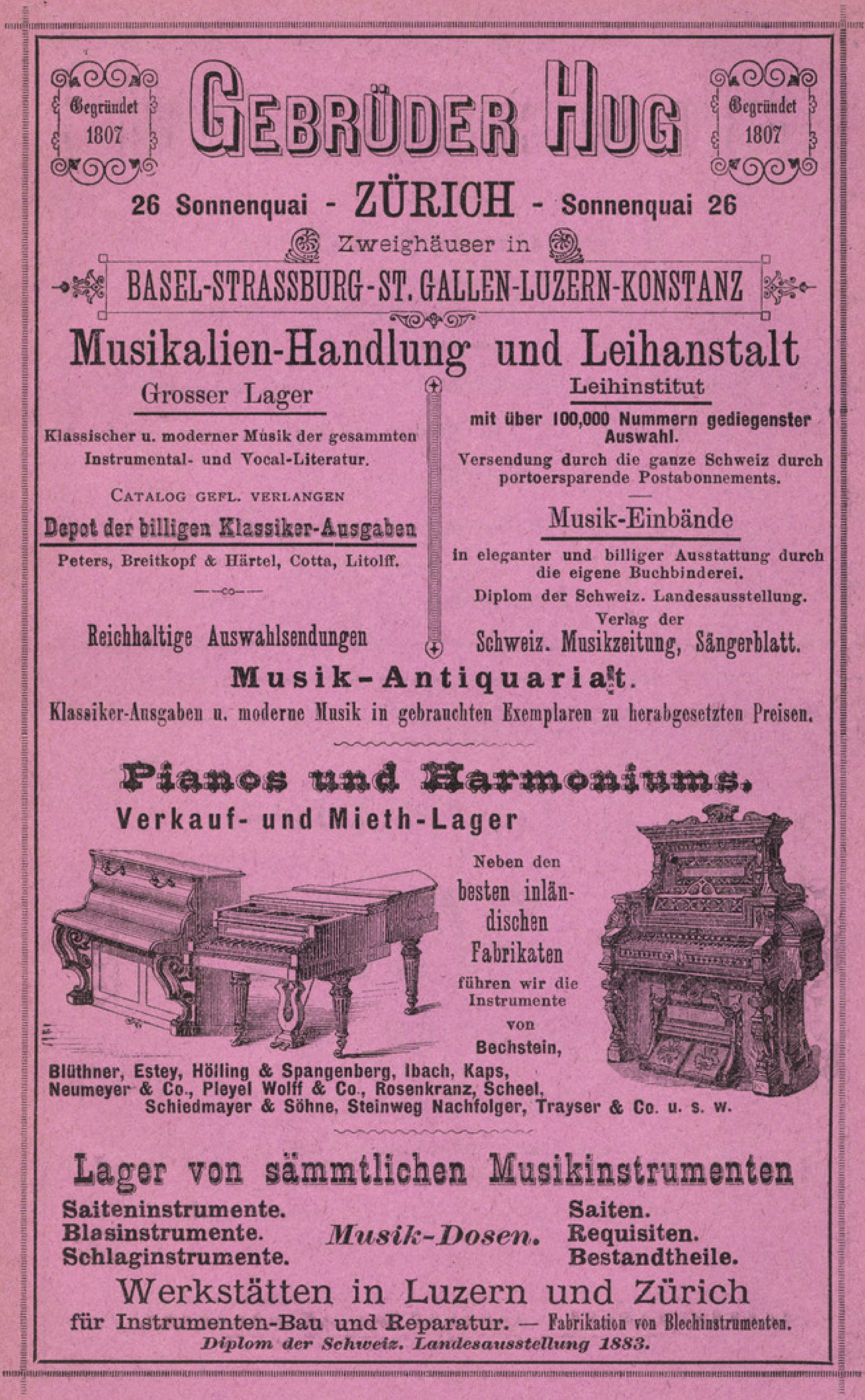 Annonce der Firma Gebrüder Hug im «Adressbuch der Stadt Zürich für 1884»