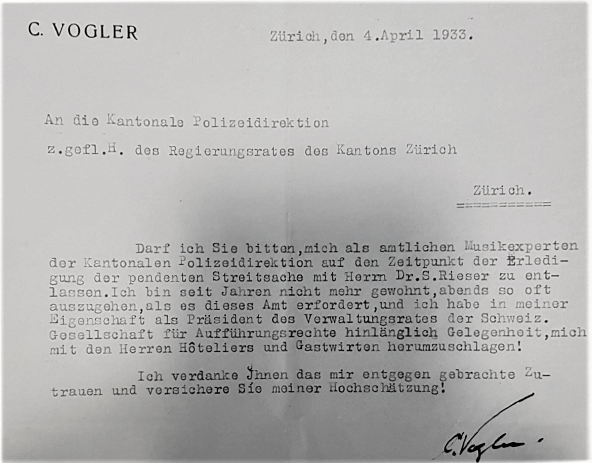 Brief von Carl Vogler